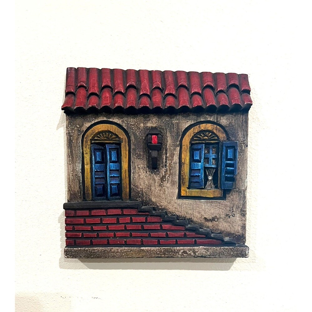 Folk Art B. Farias Hand Carved Wood Painted Artisan Rustic Villa Wall Plaque